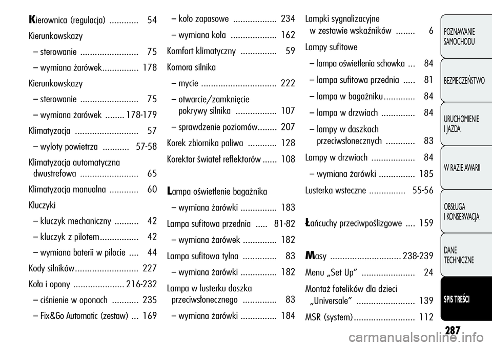 Alfa Romeo Giulietta 2012 Instrukcja obsługi (in Polish) 287
POZNAWANIE
SAMOCHODU
BEZPIECZEŃSTWO
URUCHOMIENIE
I JAZDA
W RAZIE AWARII
OBSŁUGA
I KONSERWACJA
DANE
TECHNICZNE
SPIS TREŚCI
Kierownica (regulacja) ............ 54
Kierunkowskazy
–sterowanie Alfa Romeo Giulietta 2012 Instrukcja obsługi (in Polish) 287
POZNAWANIE
SAMOCHODU
BEZPIECZEŃSTWO
URUCHOMIENIE
I JAZDA
W RAZIE AWARII
OBSŁUGA
I KONSERWACJA
DANE
TECHNICZNE
SPIS TREŚCI
Kierownica (regulacja) ............ 54
Kierunkowskazy
–sterowanie