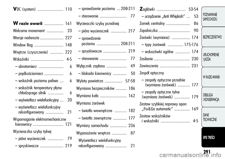 Alfa Romeo Giulietta 2012 Instrukcja obsługi (in Polish) 291
POZNAWANIE
SAMOCHODU
BEZPIECZEŃSTWO
URUCHOMIENIE
I JAZDA
W RAZIE AWARII
OBSŁUGA
I KONSERWACJA
DANE
TECHNICZNE
SPIS TREŚCI
VDC (system) ....................... 110
Wrazie awarii............. Alfa Romeo Giulietta 2012 Instrukcja obsługi (in Polish) 291
POZNAWANIE
SAMOCHODU
BEZPIECZEŃSTWO
URUCHOMIENIE
I JAZDA
W RAZIE AWARII
OBSŁUGA
I KONSERWACJA
DANE
TECHNICZNE
SPIS TREŚCI
VDC (system) ....................... 110
Wrazie awarii.............