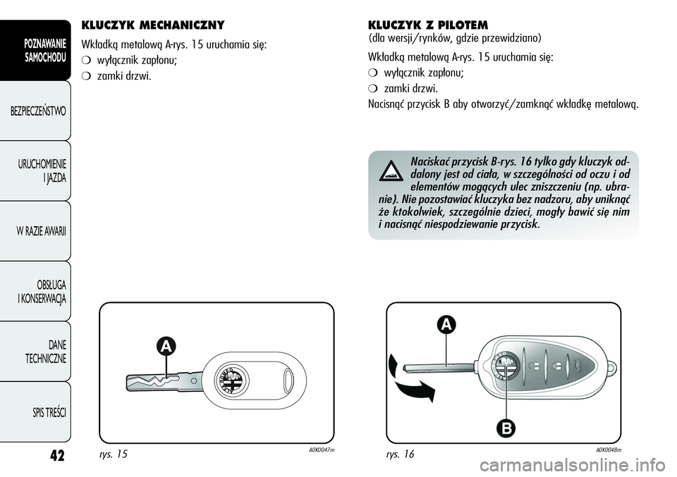 Alfa Romeo Giulietta 2011  Instrukcja obsługi (in Polish) 42
POZNAWANIE 
SAMOCHODU
BEZPIECZEŃSTWO
URUCHOMIENIE 
I JAZDA
W RAZIE AWARII
OBSŁUGA 
I KONSERWACJA
DANE 
TECHNICZNE
SPIS TREŚCI
KLUCZYK MECHANICZNY 
Wkładką metalową A-rys. 15 uruchamia się:
�