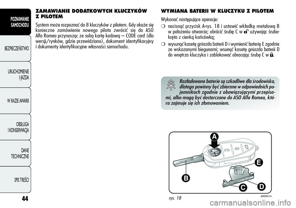 Alfa Romeo Giulietta 2011  Instrukcja obsługi (in Polish) 44
POZNAWANIE 
SAMOCHODU
BEZPIECZEŃSTWO
URUCHOMIENIE 
I JAZDA
W RAZIE AWARII
OBSŁUGA 
I KONSERWACJA
DANE 
TECHNICZNE
SPIS TREŚCI
ZAMAWIANIE DODATKOWYCH KLUCZYKÓW
Z PILOTEM
System może rozpoznać 