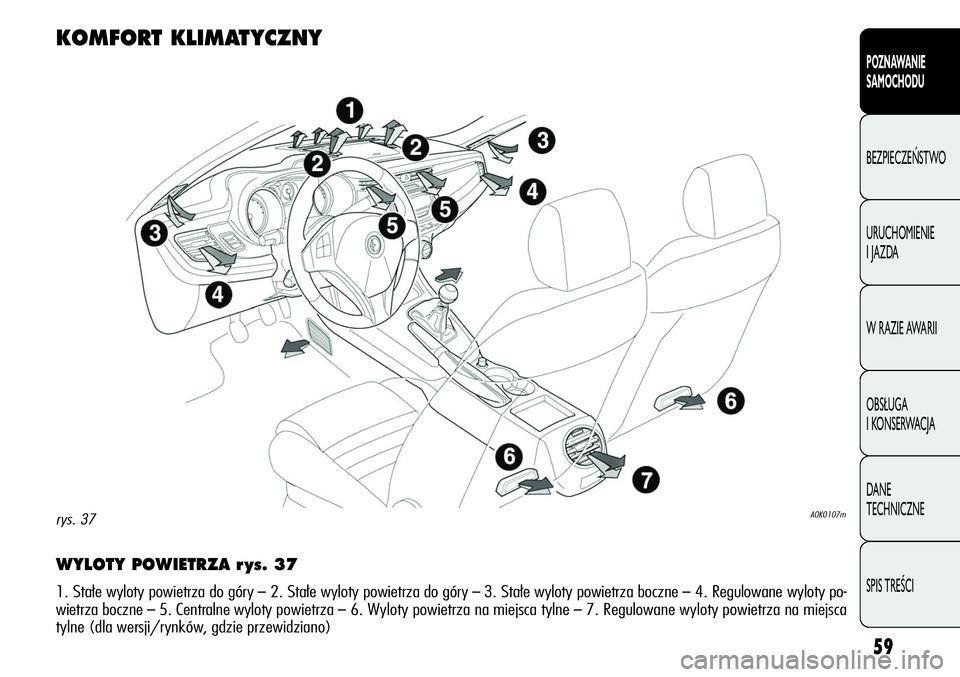 Alfa Romeo Giulietta 2012 Instrukcja obsługi (in Polish) 59
POZNAWANIE
SAMOCHODU
BEZPIECZEŃSTWO
URUCHOMIENIE
I JAZDA
W RAZIE AWARII
OBSŁUGA
I KONSERWACJA
DANE
TECHNICZNE
SPIS TREŚCI
WYLOTY POWIETRZA r ys. 37
1. Stałe wyloty powietrza do góry –2. Alfa Romeo Giulietta 2012 Instrukcja obsługi (in Polish) 59
POZNAWANIE
SAMOCHODU
BEZPIECZEŃSTWO
URUCHOMIENIE
I JAZDA
W RAZIE AWARII
OBSŁUGA
I KONSERWACJA
DANE
TECHNICZNE
SPIS TREŚCI
WYLOTY POWIETRZA r ys. 37
1. Stałe wyloty powietrza do góry –2.