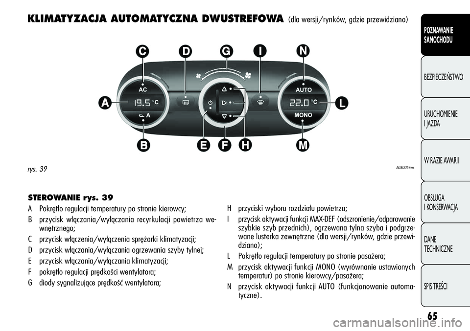 Alfa Romeo Giulietta 2012 Instrukcja obsługi (in Polish) 65
POZNAWANIE
SAMOCHODU
BEZPIECZEŃSTWO
URUCHOMIENIE
I JAZDA
W RAZIE AWARII
OBSŁUGA
I KONSERWACJA
DANE
TECHNICZNE
SPIS TREŚCI
KLIMATYZACJA AUTOMATYCZNA DWUSTREFOWA(dla wersji/rynków, gdzie prze Alfa Romeo Giulietta 2012 Instrukcja obsługi (in Polish) 65
POZNAWANIE
SAMOCHODU
BEZPIECZEŃSTWO
URUCHOMIENIE
I JAZDA
W RAZIE AWARII
OBSŁUGA
I KONSERWACJA
DANE
TECHNICZNE
SPIS TREŚCI
KLIMATYZACJA AUTOMATYCZNA DWUSTREFOWA(dla wersji/rynków, gdzie prze