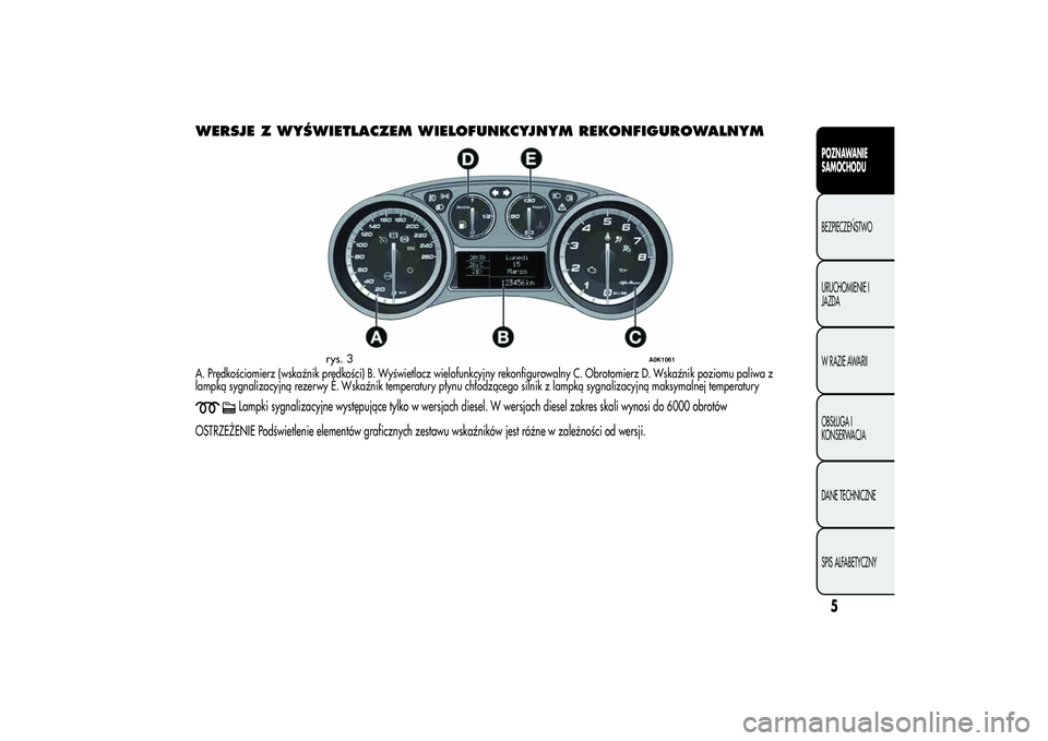 Alfa Romeo Giulietta 2013  Instrukcja obsługi (in Polish) WERSJE Z WYŚWIETLACZEM WIELOFUNKCYJNYM REKONFIGUROWALNYMA. Prędkościomierz (wskaźnik prędkości) B. Wyświetlacz wielofunkcyjny rekonfigurowalny C. Obrotomierz D. Wskaźnik poziomu paliwa z
lampk