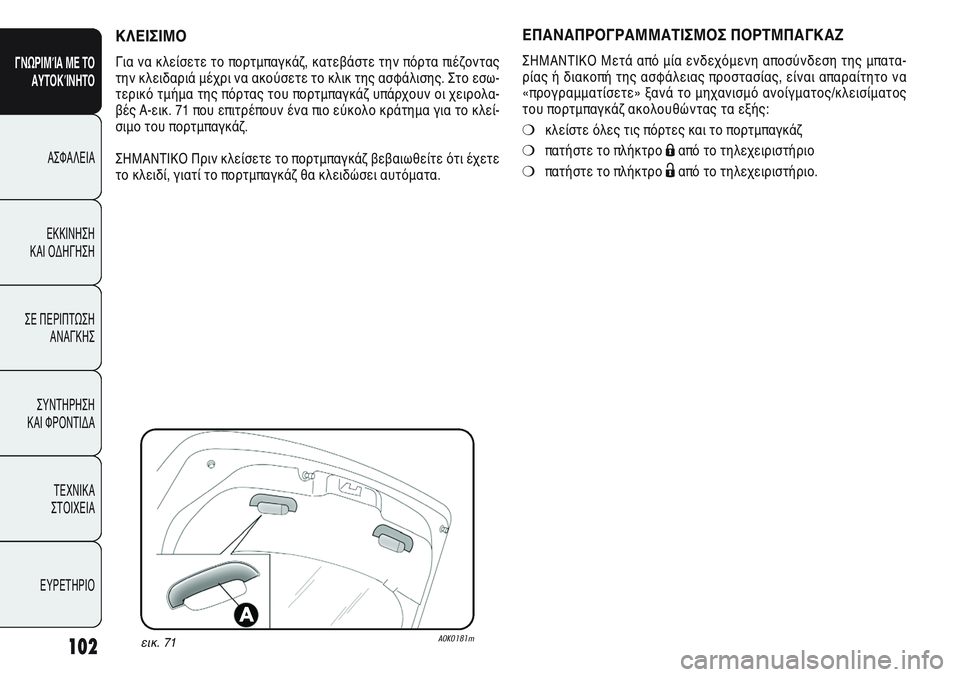 Alfa Romeo Giulietta 2012  ΒΙΒΛΙΟ ΧΡΗΣΗΣ ΚΑΙ ΣΥΝΤΗΡΗΣΗΣ (in Greek) 102
ΓΝΩΡΙΜΊΑ ΜΕ ΤΟ
ΑΥΤΟΚΊΝΗΤΟ
ΑΣΦΑΛΕΙΑ
ΕΚΚΙΝΗΣΗ 
ΚΑΙ ΟΔΗΓΗΣΗ
ΣΕ ΠΕΡΙΠΤΩΣΗ
ΑΝΑΓΚΗΣ
ΣΥΝΤΗΡΗΣΗ 
ΚΑΙ ΦΡΟΝΤΙΔΑ
ΤΕΧΝ