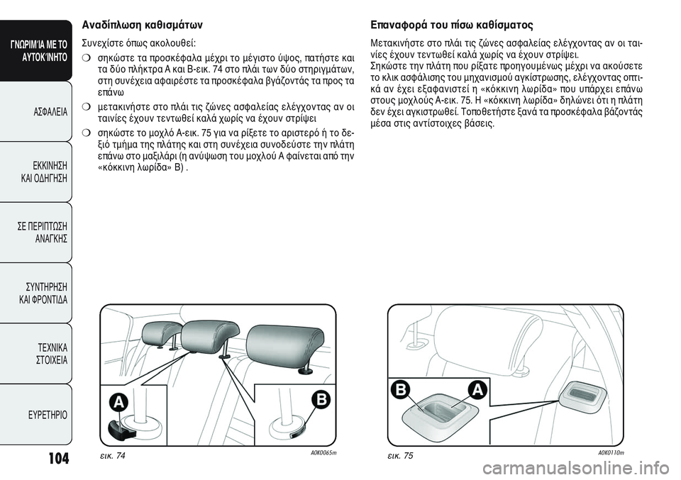 Alfa Romeo Giulietta 2012  ΒΙΒΛΙΟ ΧΡΗΣΗΣ ΚΑΙ ΣΥΝΤΗΡΗΣΗΣ (in Greek) 104
ΓΝΩΡΙΜΊΑ ΜΕ ΤΟ
ΑΥΤΟΚΊΝΗΤΟ
ΑΣΦΑΛΕΙΑ
ΕΚΚΙΝΗΣΗ 
ΚΑΙ ΟΔΗΓΗΣΗ
ΣΕ ΠΕΡΙΠΤΩΣΗ
ΑΝΑΓΚΗΣ
ΣΥΝΤΗΡΗΣΗ 
ΚΑΙ ΦΡΟΝΤΙΔΑ
ΤΕΧΝ