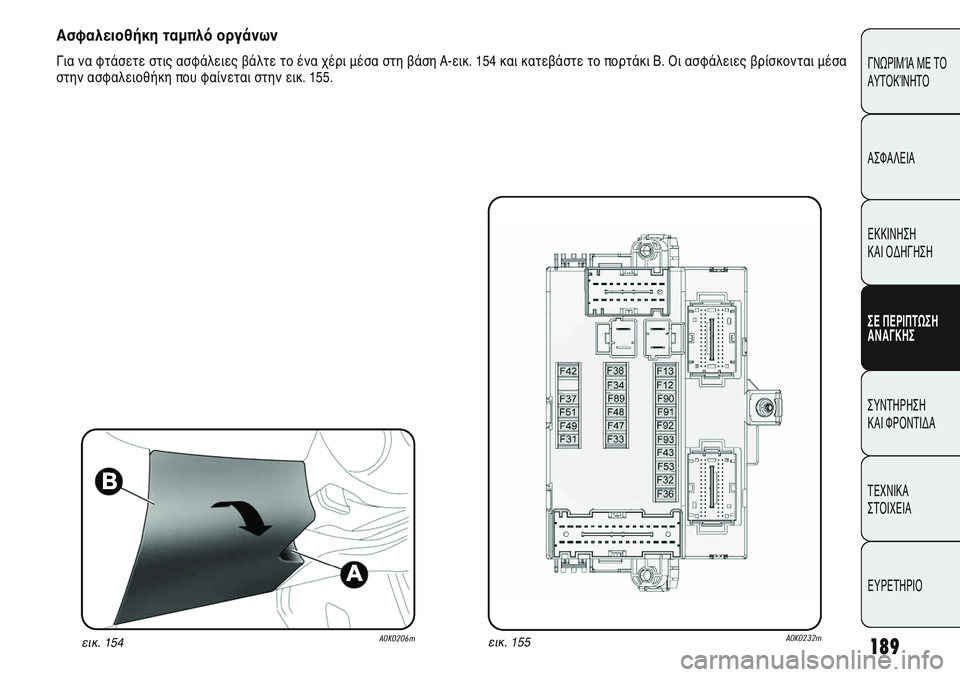 Alfa Romeo Giulietta 2011  ΒΙΒΛΙΟ ΧΡΗΣΗΣ ΚΑΙ ΣΥΝΤΗΡΗΣΗΣ (in Greek) 189
ΓΝΩΡΙΜΊΑ ΜΕ ΤΟ
ΑΥΤΟΚΊΝΗΤΟ
ΑΣΦΑΛΕΙΑ
ΕΚΚΙΝΗΣΗ 
ΚΑΙ ΟΔΗΓΗΣΗ
ΣΕ ΠΕΡΙΠΤΩΣΗ
ΑΝΑΓΚΗΣ
ΣΥΝΤΗΡΗΣΗ 
ΚΑΙ ΦΡΟΝΤΙΔΑ
ΤΕΧΝ
