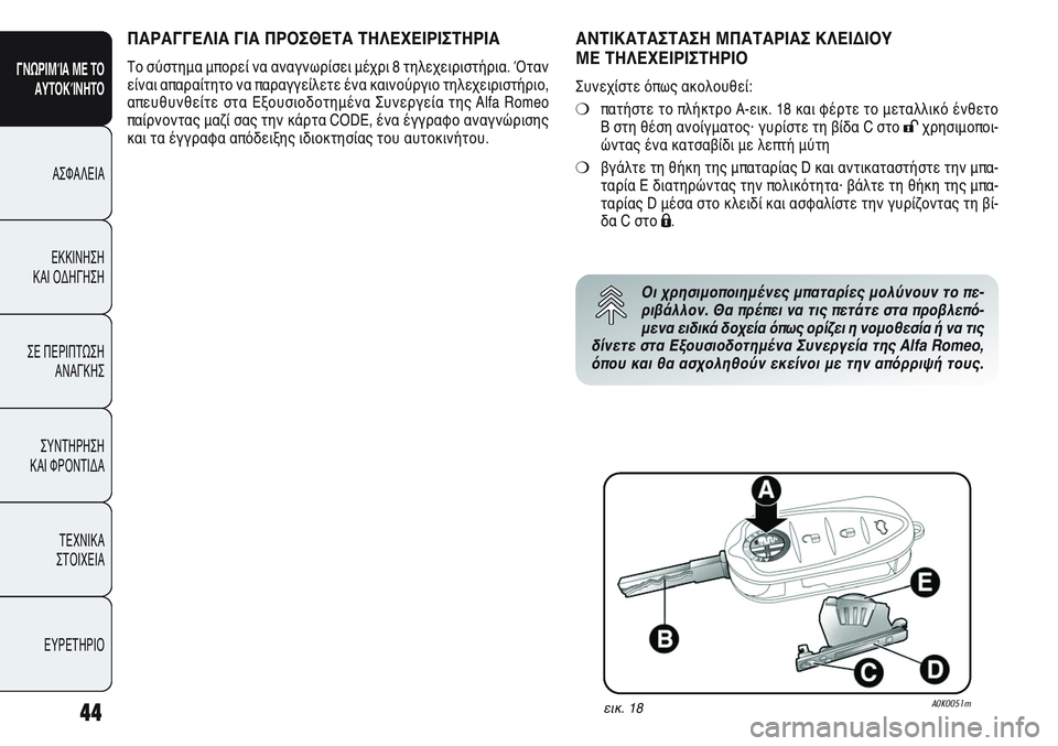 Alfa Romeo Giulietta 2012 ΒΙΒΛΙΟ ΧΡΗΣΗΣ ΚΑΙ ΣΥΝΤΗΡΗΣΗΣ (in Greek) 44
ΓΝΩΡΙΜΊΑ ΜΕ ΤΟ
ΑΥΤΟΚΊΝΗΤΟ
ΑΣΦΑΛΕΙΑ
ΕΚΚΙΝΗΣΗ
ΚΑΙ ΟΔΗΓΗΣΗ
ΣΕ ΠΕΡΙΠΤΩΣΗ
ΑΝΑΓΚΗΣ
ΣΥΝΤΗΡΗΣΗ
ΚΑΙ ΦΡΟΝΤΙΔΑ
ΤΕΧΝ Alfa Romeo Giulietta 2012 ΒΙΒΛΙΟ ΧΡΗΣΗΣ ΚΑΙ ΣΥΝΤΗΡΗΣΗΣ (in Greek) 44
ΓΝΩΡΙΜΊΑ ΜΕ ΤΟ
ΑΥΤΟΚΊΝΗΤΟ
ΑΣΦΑΛΕΙΑ
ΕΚΚΙΝΗΣΗ
ΚΑΙ ΟΔΗΓΗΣΗ
ΣΕ ΠΕΡΙΠΤΩΣΗ
ΑΝΑΓΚΗΣ
ΣΥΝΤΗΡΗΣΗ
ΚΑΙ ΦΡΟΝΤΙΔΑ
ΤΕΧΝ