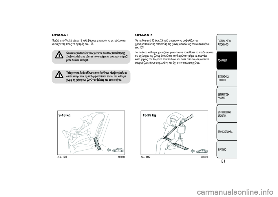Alfa Romeo Giulietta 2013  ΒΙΒΛΙΟ ΧΡΗΣΗΣ ΚΑΙ ΣΥΝΤΗΡΗΣΗΣ (in Greek) ΟΜΑΔΑ 1Παιδιά από 9 κιλά μέχρι 18 κιλά βάρους μπορούν να μεταφέρονται
κοιτάζοντας προς τα εμπρός εικ. 108.
Οι εικό