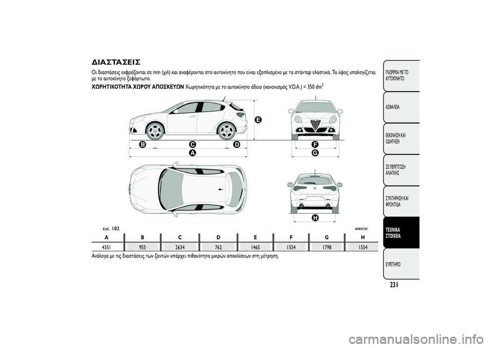 Alfa Romeo Giulietta 2013  ΒΙΒΛΙΟ ΧΡΗΣΗΣ ΚΑΙ ΣΥΝΤΗΡΗΣΗΣ (in Greek) ΔΙΑΣΤΑΣΕΙΣΟι διαστάσεις εκφράζονται σε mm (χιλ) και αναφέρονται στο αυτοκίνητο που είναι εξοπλισμένο με τα στ