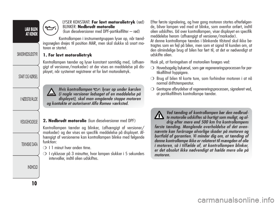 Alfa Romeo Giulietta 2010  Brugs- og vedligeholdelsesvejledning (in Danish) 10
LÆR BILEN
AT KENDE
SIKKERHEDSUDSTYR
START OG KØRSEL
I NØDSTILFÆLDE
VEDLIGEHOLDELSE
TEKNISKE DATA
INDHOLD
LYSER KONSTANT:For lavt motorolietryk(rød)
BLINKER:Nedbrudt motorolie
(kun dieselversio