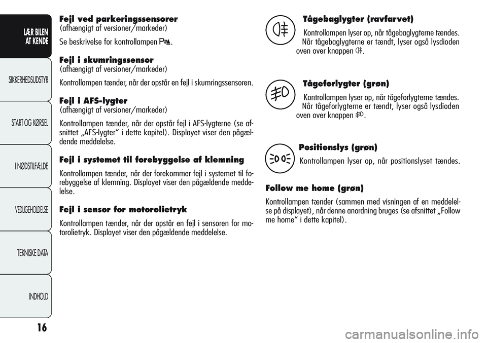 Alfa Romeo Giulietta 2011  Brugs- og vedligeholdelsesvejledning (in Danish) 16
LÆR BILEN 
AT KENDE
SIKKERHEDSUDSTYR
START OG KØRSEL
I NØDSTILFÆLDE
VEDLIGEHOLDELSE
TEKNISKE DATA
INDHOLD
Fejl ved parkeringssensorer 
(afhængigt af versioner/markeder)
Se beskrivelse for kont