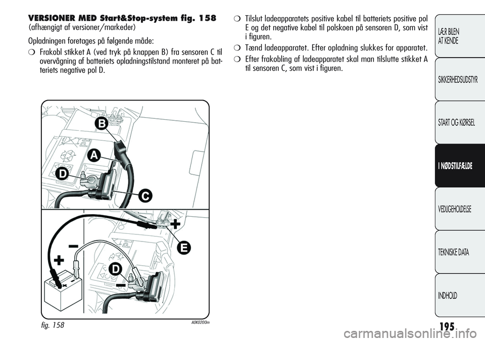 Alfa Romeo Giulietta 2012  Brugs- og vedligeholdelsesvejledning (in Danish) 195
LÆR BILEN 
AT KENDE
SIKKERHEDSUDSTYR
START OG KØRSEL
I NØDSTILFÆLDE
VEDLIGEHOLDELSE
TEKNISKE DATA
INDHOLD
VERSIONER MED Start&Stop-system fig. 158
(afhængigt af versioner/markeder)
Opladninge
