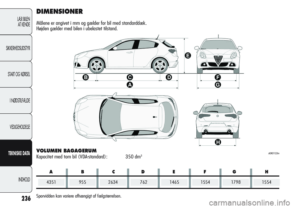 Alfa Romeo Giulietta 2012 Brugs- og vedligeholdelsesvejledning (in Danish) ABCDEFG H
236
LÆR BILEN
AT KENDE
SIKKERHEDSUDSTYR
START OG KØRSEL
I NØDSTILFÆLDE
VEDLIGEHOLDELSE
TEKNISKEDATA
INDHOLD
DIMENSIONER
Målene er angivet i mm og gælder for bil med standarddæk.
Højd Alfa Romeo Giulietta 2012 Brugs- og vedligeholdelsesvejledning (in Danish) ABCDEFG H
236
LÆR BILEN
AT KENDE
SIKKERHEDSUDSTYR
START OG KØRSEL
I NØDSTILFÆLDE
VEDLIGEHOLDELSE
TEKNISKEDATA
INDHOLD
DIMENSIONER
Målene er angivet i mm og gælder for bil med standarddæk.
Højd