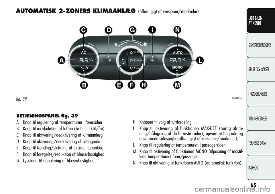 Alfa Romeo Giulietta 2011  Brugs- og vedligeholdelsesvejledning (in Danish) 65
LÆR BILEN 
AT KENDE
SIKKERHEDSUDSTYR
START OG KØRSEL
I NØDSTILFÆLDE
VEDLIGEHOLDELSE
TEKNISKE DATA
INDHOLD
AUTOMATISK 2-ZONERS KLIMAANLÆG(afhængigt af versioner/markeder)
A0K0056mfig. 39
BETJE