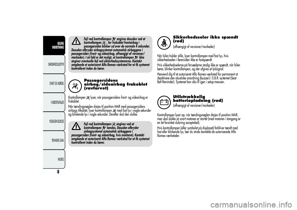 Alfa Romeo Giulietta 2013  Brugs- og vedligeholdelsesvejledning (in Danish) Fejl ved kontrollampen
angives desuden ved at
kontrollampen
, for frakoblet frontairbag i
passagersiden blinker ud over de normale 4 sekunder.
Desuden afbryder airbagsystemet automatisk airbaggene i
p