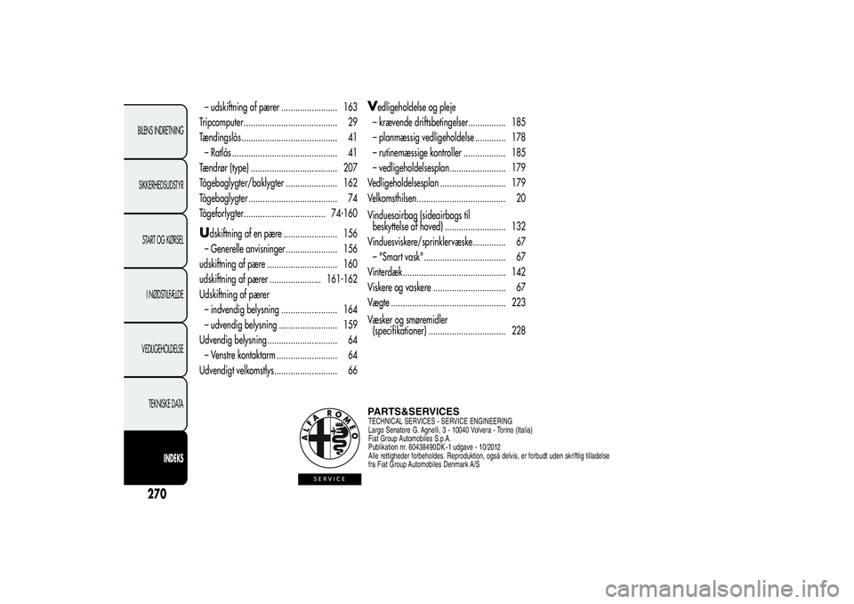 Alfa Romeo Giulietta 2013  Brugs- og vedligeholdelsesvejledning (in Danish) – udskiftning af pærer ........................ 163
Tripcomputer ........................................ 29
Tændingslås ......................................... 41
– Ratlås .................