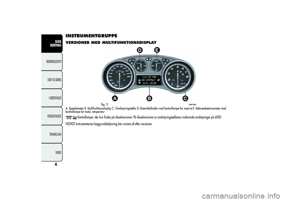 Alfa Romeo Giulietta 2013  Brugs- og vedligeholdelsesvejledning (in Danish) INSTRUMENTGRUPPEVERSIONER MED MULTIFUNKTIONSDISPLAYA. Speedometer B. Multifunktionsdisplay C. Omdrejningstæller D. Brændstofmåler med kontrollampe for reserve E. Kølevæsketermometer med
kontrolla