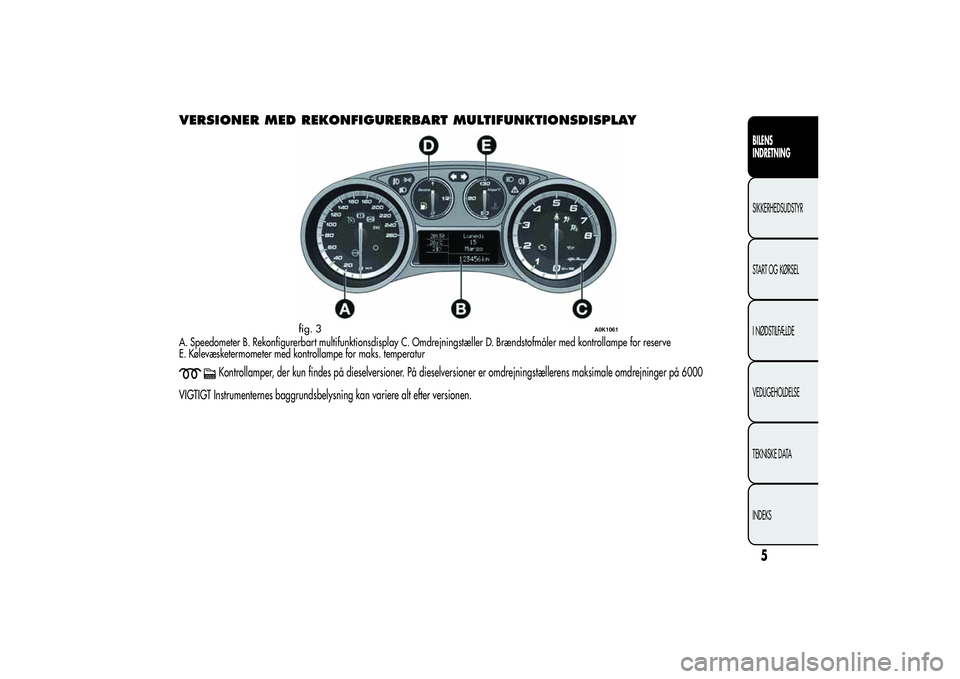 Alfa Romeo Giulietta 2013 Brugs- og vedligeholdelsesvejledning (in Danish) VERSIONER MED REKONFIGURERBART MULTIFUNKTIONSDISPLAYA. Speedometer B. Rekonfigurerbart multifunktionsdisplay C. Omdrejningstæller D. Brændstofmåler med kontrollampe for reserve
E. Kølevæsketermom Alfa Romeo Giulietta 2013 Brugs- og vedligeholdelsesvejledning (in Danish) VERSIONER MED REKONFIGURERBART MULTIFUNKTIONSDISPLAYA. Speedometer B. Rekonfigurerbart multifunktionsdisplay C. Omdrejningstæller D. Brændstofmåler med kontrollampe for reserve
E. Kølevæsketermom