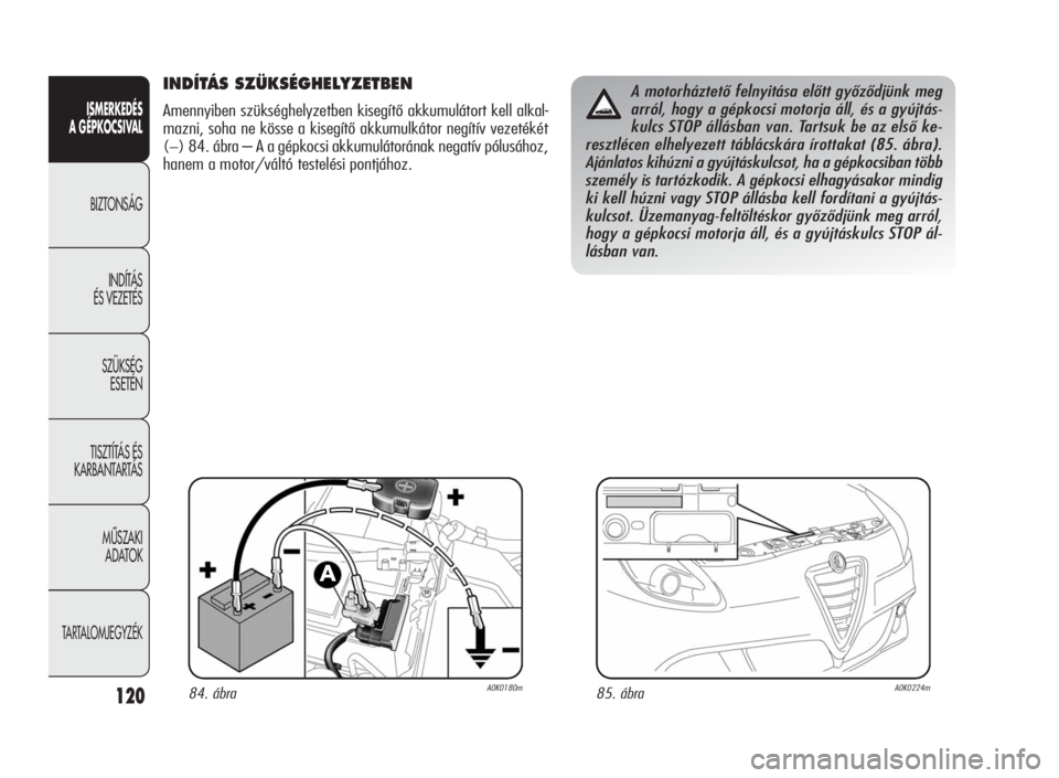 Alfa Romeo Giulietta 2010  Kezelési és karbantartási útmutató (in Hungarian) ISMERKEDÉS
A GÉPKOCSIVAL
BIZTONSÁG
INDÍTÁS
ÉS VEZETÉS
SZÜKSÉG
ESETÉN
TISZTÍTÁS ÉS
KARBANTARTÁS
MÙSZAKI
ADATOK
TARTALOMJEGYZÉK
120
INDÍTÁS SZÜKSÉGHELYZETBEN
Amennyiben szükséghely