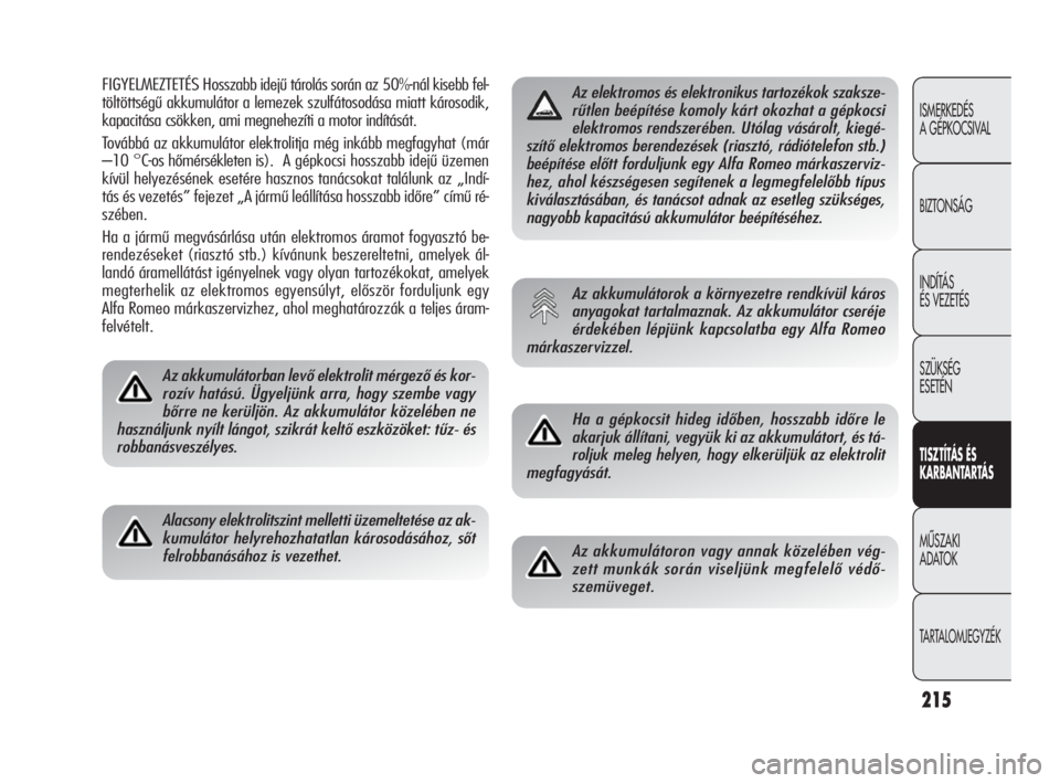 Alfa Romeo Giulietta 2010  Kezelési és karbantartási útmutató (in Hungarian) 215
ISMERKEDÉS 
A GÉPKOCSIVAL
BIZTONSÁG
INDÍTÁS 
ÉS VEZETÉS
SZÜKSÉG 
ESETÉN
TISZTÍTÁS ÉS 
KARBANTARTÁ S
MÙSZAKI 
ADATOK
TARTALOMJEGYZÉK
FIGYELMEZTETÉS Hosszabb idejű tárolás során