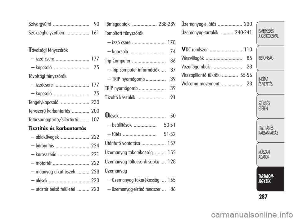 Alfa Romeo Giulietta 2010  Kezelési és karbantartási útmutató (in Hungarian) 287
ISMERKEDÉS 
A GÉPKOCSIVAL
BIZTONSÁG
INDÍTÁS 
ÉS VEZETÉS
SZÜKSÉG 
ESETÉN
TISZTÍTÁS ÉS 
KARBANTARTÁS
MÙSZAKI 
ADATOK
TARTALOM-
JEGYZÉK
Szivargyújtó ........................... 90
S