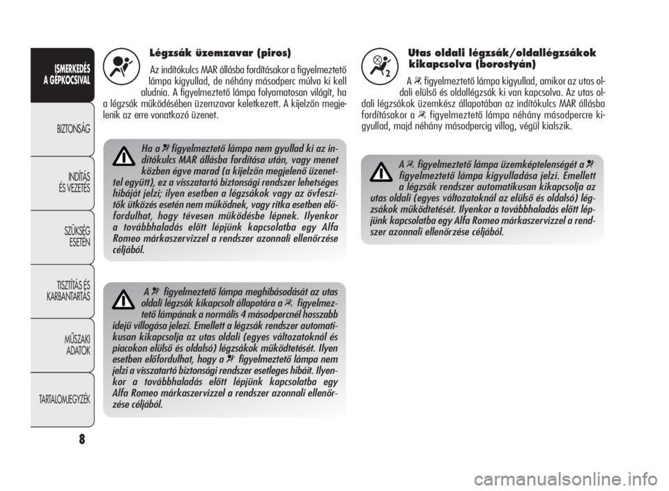 Alfa Romeo Giulietta 2010  Kezelési és karbantartási útmutató (in Hungarian) ISMERKEDÉS
A GÉPKOCSIVAL
BIZTONSÁG
INDÍTÁS
ÉS VEZETÉS
SZÜKSÉG
ESETÉN
TISZTÍTÁS ÉS
KARBANTARTÁS
MÙSZAKI
ADATOK
TARTALOMJEGYZÉK
8
Légzsák üzemzavar (piros)
Az indítókulcs MAR állá