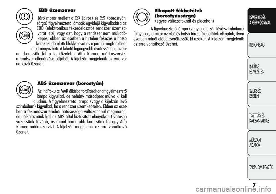 Alfa Romeo Giulietta 2012 Kezelési és karbantartási útmutató (in Hungarian) ISMERKEDÉS
A GÉPKOCSIVAL
BIZTONSÁG
INDÍTÁS
ÉS VEZETÉS
SZÜKSÉG
ESETÉN
TISZTÍTÁS ÉS
KARBANTARTÁS
MÙSZAKI
ADATOK
TARTALOMJEGYZÉK
7
EBD üzemzavar
Járó motor mellett ax(piros) és>(b Alfa Romeo Giulietta 2012 Kezelési és karbantartási útmutató (in Hungarian) ISMERKEDÉS
A GÉPKOCSIVAL
BIZTONSÁG
INDÍTÁS
ÉS VEZETÉS
SZÜKSÉG
ESETÉN
TISZTÍTÁS ÉS
KARBANTARTÁS
MÙSZAKI
ADATOK
TARTALOMJEGYZÉK
7
EBD üzemzavar
Járó motor mellett ax(piros) és>(b