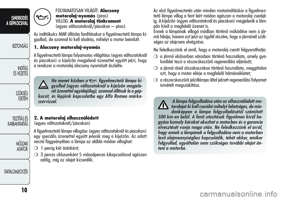 Alfa Romeo Giulietta 2012  Kezelési és karbantartási útmutató (in Hungarian) ISMERKEDÉS
A GÉPKOCSIVAL
BIZTONSÁG
INDÍTÁS 
ÉS VEZETÉS
SZÜKSÉG 
ESETÉN
TISZTÍTÁS ÉS 
KARBANTARTÁS
MÙSZAKI 
ADATOK
TARTALOMJEGYZÉK
10
FOLYAMATOSAN VILÁGÍT:Alacsony 
motorolaj-nyomás(