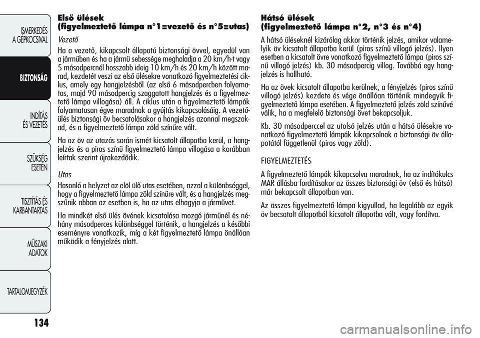 Alfa Romeo Giulietta 2012  Kezelési és karbantartási útmutató (in Hungarian) 134
ISMERKEDÉS 
A GÉPKOCSIVAL
BIZTONSÁG
INDÍTÁS 
ÉS VEZETÉS
SZÜKSÉG 
ESETÉN
TISZTÍTÁS ÉS 
KARBANTARTÁS
MÙSZAKI 
ADATOK
TARTALOMJEGYZÉK
ElsŒ ülések 
(figyelmeztetŒ lámpa n°1=vezet