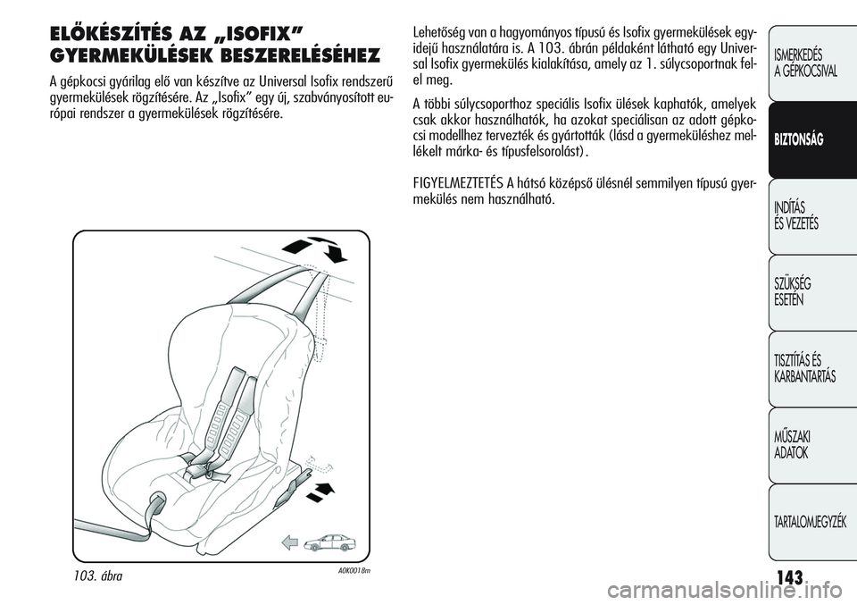 Alfa Romeo Giulietta 2012  Kezelési és karbantartási útmutató (in Hungarian) 143
ISMERKEDÉS 
A GÉPKOCSIVAL
BIZTONSÁG
INDÍTÁS 
ÉS VEZETÉS
SZÜKSÉG 
ESETÉN
TISZTÍTÁS ÉS 
KARBANTARTÁS
MÙSZAKI 
ADATOK
TARTALOMJEGYZÉK
ELÃKÉSZÍTÉS AZ „ISOFIX”
GYERMEKÜLÉSEK B