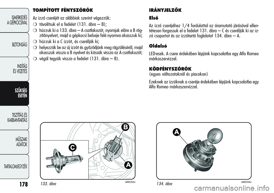 Alfa Romeo Giulietta 2012 Kezelési és karbantartási útmutató (in Hungarian) 178
ISMERKEDÉS
A GÉPKOCSIVAL
BIZTONSÁG
INDÍTÁS
ÉS VEZETÉS
SZÜKSÉG
ESETÉN
TISZTÍTÁS ÉS
KARBANTARTÁS
MŰSZAKI
ADATOK
TARTALOMJEGYZÉK
TOMPÍTOTT FÉNYSZÓRÓK
Az izzó cseréjét az al Alfa Romeo Giulietta 2012 Kezelési és karbantartási útmutató (in Hungarian) 178
ISMERKEDÉS
A GÉPKOCSIVAL
BIZTONSÁG
INDÍTÁS
ÉS VEZETÉS
SZÜKSÉG
ESETÉN
TISZTÍTÁS ÉS
KARBANTARTÁS
MŰSZAKI
ADATOK
TARTALOMJEGYZÉK
TOMPÍTOTT FÉNYSZÓRÓK
Az izzó cseréjét az al