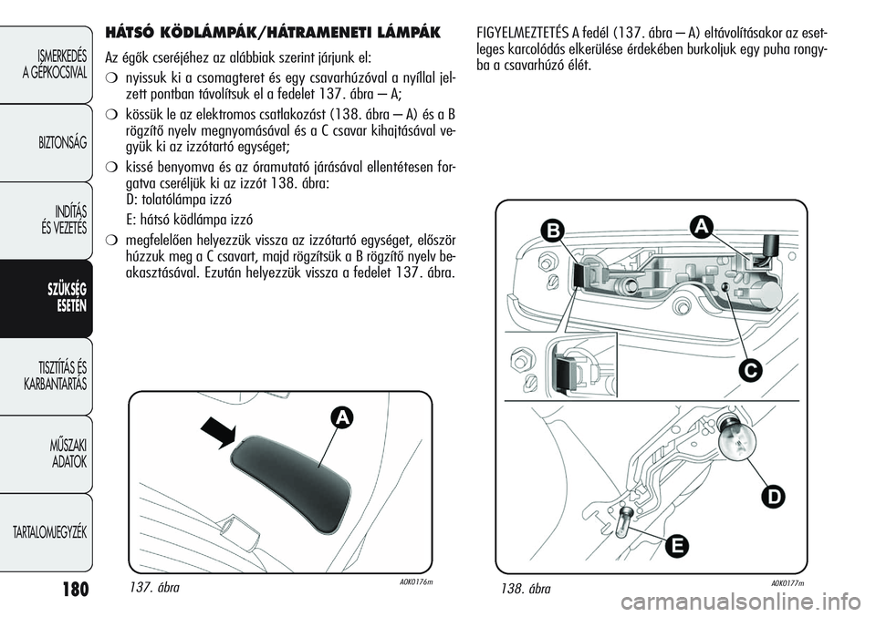 Alfa Romeo Giulietta 2012 Kezelési és karbantartási útmutató (in Hungarian) 180
ISMERKEDÉS
A GÉPKOCSIVAL
BIZTONSÁG
INDÍTÁS
ÉS VEZETÉS
SZÜKSÉG
ESETÉN
TISZTÍTÁS ÉS
KARBANTARTÁS
MŰSZAKI
ADATOK
TARTALOMJEGYZÉK
HÁTSÓ KÖDLÁMPÁK/HÁTRAMENETI LÁMPÁK
Az ég Alfa Romeo Giulietta 2012 Kezelési és karbantartási útmutató (in Hungarian) 180
ISMERKEDÉS
A GÉPKOCSIVAL
BIZTONSÁG
INDÍTÁS
ÉS VEZETÉS
SZÜKSÉG
ESETÉN
TISZTÍTÁS ÉS
KARBANTARTÁS
MŰSZAKI
ADATOK
TARTALOMJEGYZÉK
HÁTSÓ KÖDLÁMPÁK/HÁTRAMENETI LÁMPÁK
Az ég