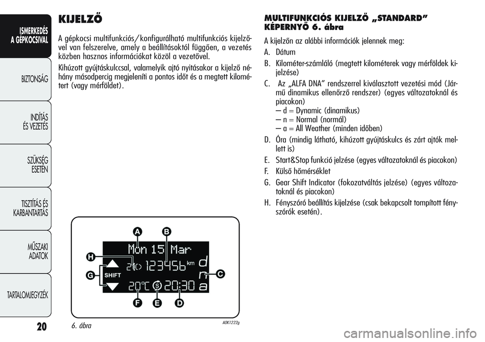 Alfa Romeo Giulietta 2012 Kezelési és karbantartási útmutató (in Hungarian) ISMERKEDÉS
A GÉPKOCSIVAL
BIZTONSÁG
INDÍTÁS
ÉS VEZETÉS
SZÜKSÉG
ESETÉN
TISZTÍTÁS ÉS
KARBANTARTÁS
MÙSZAKI
ADATOK
TARTALOMJEGYZÉK
20
KIJELZÃ
A gépkocsi multifunkciós/ konfigurálhat Alfa Romeo Giulietta 2012 Kezelési és karbantartási útmutató (in Hungarian) ISMERKEDÉS
A GÉPKOCSIVAL
BIZTONSÁG
INDÍTÁS
ÉS VEZETÉS
SZÜKSÉG
ESETÉN
TISZTÍTÁS ÉS
KARBANTARTÁS
MÙSZAKI
ADATOK
TARTALOMJEGYZÉK
20
KIJELZÃ
A gépkocsi multifunkciós/ konfigurálhat