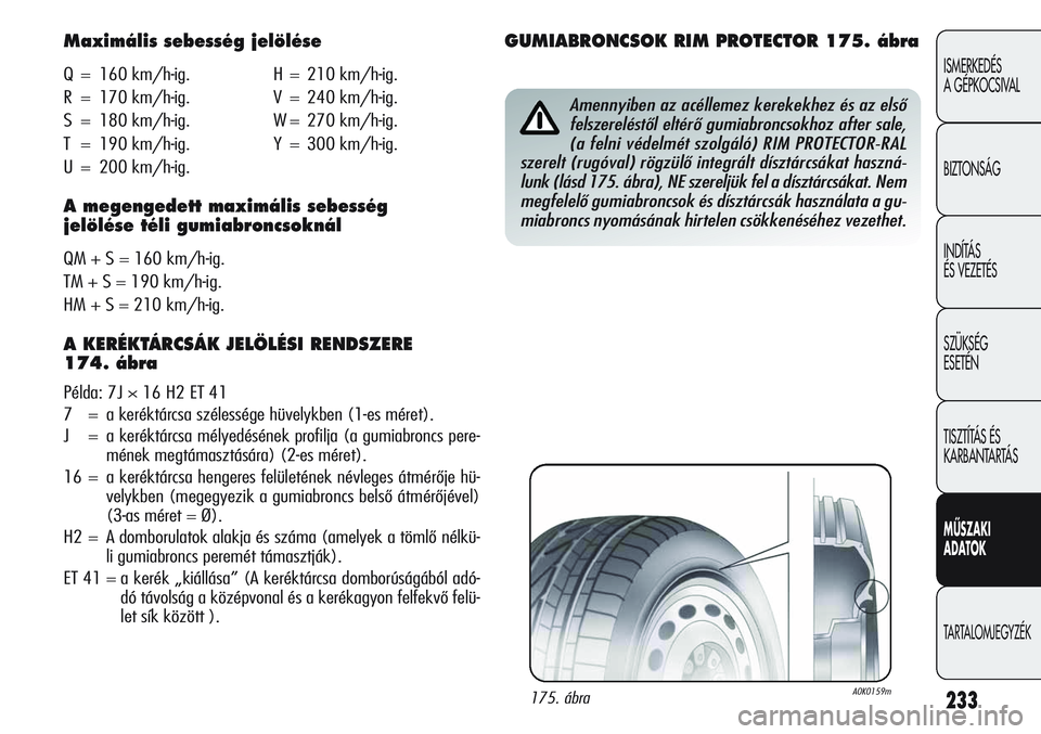 Alfa Romeo Giulietta 2012 Kezelési és karbantartási útmutató (in Hungarian) 233
ISMERKEDÉS
A GÉPKOCSIVAL
BIZTONSÁG
INDÍTÁS
ÉS VEZETÉS
SZÜKSÉG
ESETÉN
TISZTÍTÁS ÉS
KARBANTARTÁS
MŰSZAKI
ADATOK
TARTALOMJEGYZÉK
Maximális sebesség jelölése
Q = 160 km/h-ig. H = 2 Alfa Romeo Giulietta 2012 Kezelési és karbantartási útmutató (in Hungarian) 233
ISMERKEDÉS
A GÉPKOCSIVAL
BIZTONSÁG
INDÍTÁS
ÉS VEZETÉS
SZÜKSÉG
ESETÉN
TISZTÍTÁS ÉS
KARBANTARTÁS
MŰSZAKI
ADATOK
TARTALOMJEGYZÉK
Maximális sebesség jelölése
Q = 160 km/h-ig. H = 2