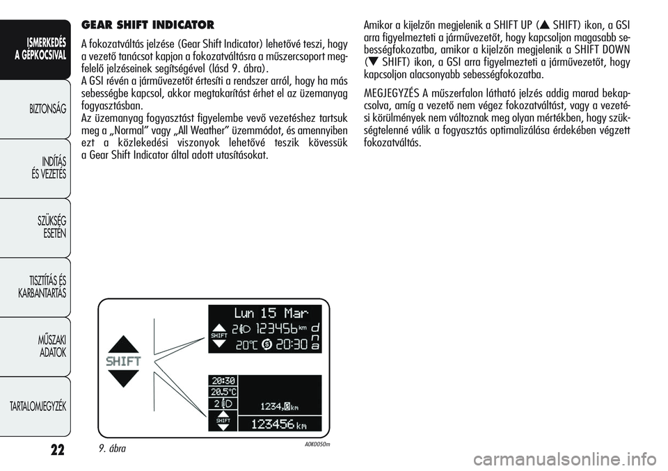 Alfa Romeo Giulietta 2012  Kezelési és karbantartási útmutató (in Hungarian) ISMERKEDÉS
A GÉPKOCSIVAL
BIZTONSÁG
INDÍTÁS 
ÉS VEZETÉS
SZÜKSÉG 
ESETÉN
TISZTÍTÁS ÉS 
KARBANTARTÁS
MÙSZAKI 
ADATOK
TARTALOMJEGYZÉK
22
GEAR SHIFT INDICATOR 
A fokozatváltás jelzése (G