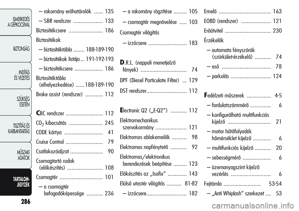 Alfa Romeo Giulietta 2012  Kezelési és karbantartási útmutató (in Hungarian) 286
ISMERKEDÉS 
A GÉPKOCSIVAL
BIZTONSÁG
INDÍTÁS 
ÉS VEZETÉS
SZÜKSÉG 
ESETÉN
TISZTÍTÁS ÉS 
KARBANTARTÁS
MÙSZAKI 
ADATOK
TARTALOM-
JEGYZÉK
– rakomány erőhatárolók  ...... 135
– S