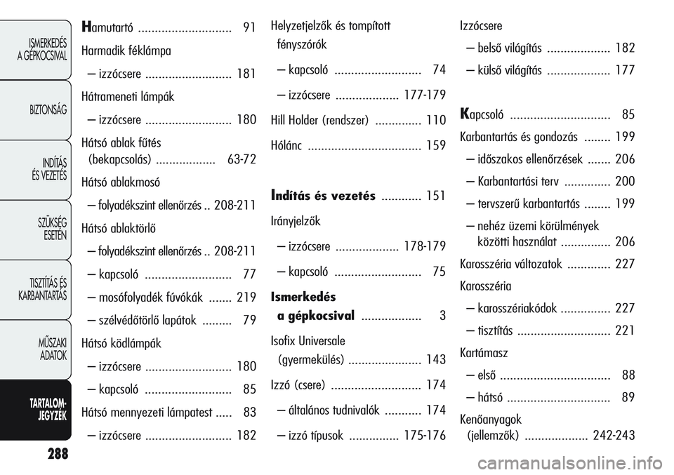 Alfa Romeo Giulietta 2012  Kezelési és karbantartási útmutató (in Hungarian) 288
ISMERKEDÉS 
A GÉPKOCSIVAL
BIZTONSÁG
INDÍTÁS 
ÉS VEZETÉS
SZÜKSÉG 
ESETÉN
TISZTÍTÁS ÉS 
KARBANTARTÁS
MÙSZAKI 
ADATOK
TARTALOM-
JEGYZÉK
Hamutartó ............................ 91
Harm