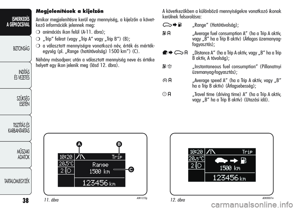 Alfa Romeo Giulietta 2012  Kezelési és karbantartási útmutató (in Hungarian) ISMERKEDÉS
A GÉPKOCSIVAL
BIZTONSÁG
INDÍTÁS 
ÉS VEZETÉS
SZÜKSÉG 
ESETÉN
TISZTÍTÁS ÉS 
KARBANTARTÁS
MÙSZAKI 
ADATOK
TARTALOMJEGYZÉK
38
Megjelenítések a kijelzŒn
Amikor megjelenítésr