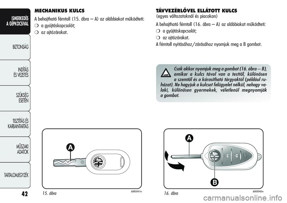 Alfa Romeo Giulietta 2012  Kezelési és karbantartási útmutató (in Hungarian) ISMERKEDÉS
A GÉPKOCSIVAL
BIZTONSÁG
INDÍTÁS 
ÉS VEZETÉS
SZÜKSÉG 
ESETÉN
TISZTÍTÁS ÉS 
KARBANTARTÁS
MÙSZAKI 
ADATOK
TARTALOMJEGYZÉK
42
MECHANIKUS KULCS 
A behajtható fémtoll (15. ábra