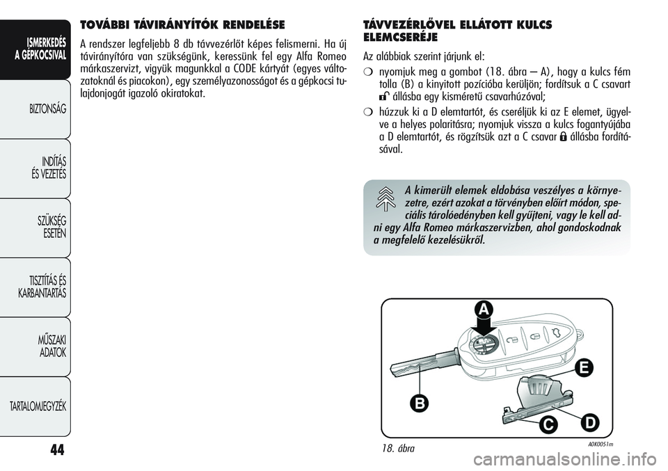 Alfa Romeo Giulietta 2012 Kezelési és karbantartási útmutató (in Hungarian) ISMERKEDÉS
A GÉPKOCSIVAL
BIZTONSÁG
INDÍTÁS
ÉS VEZETÉS
SZÜKSÉG
ESETÉN
TISZTÍTÁS ÉS
KARBANTARTÁS
MÙSZAKI
ADATOK
TARTALOMJEGYZÉK
44
TOVÁBBI TÁVIRÁNYÍTÓK RENDELÉSE
A rendszer leg Alfa Romeo Giulietta 2012 Kezelési és karbantartási útmutató (in Hungarian) ISMERKEDÉS
A GÉPKOCSIVAL
BIZTONSÁG
INDÍTÁS
ÉS VEZETÉS
SZÜKSÉG
ESETÉN
TISZTÍTÁS ÉS
KARBANTARTÁS
MÙSZAKI
ADATOK
TARTALOMJEGYZÉK
44
TOVÁBBI TÁVIRÁNYÍTÓK RENDELÉSE
A rendszer leg