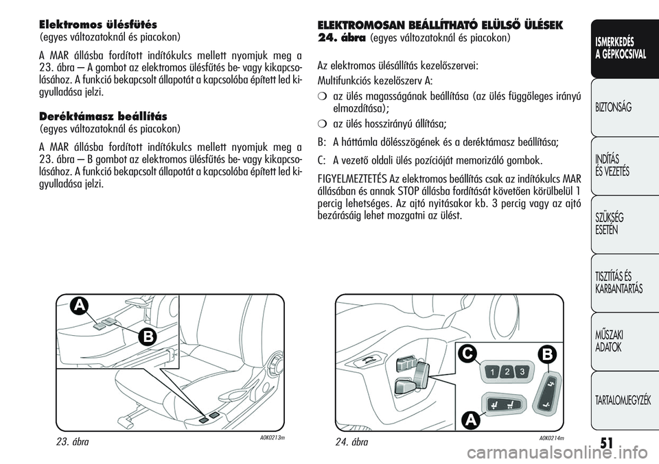 Alfa Romeo Giulietta 2012 Kezelési és karbantartási útmutató (in Hungarian) ISMERKEDÉS
A GÉPKOCSIVAL
BIZTONSÁG
INDÍTÁS
ÉS VEZETÉS
SZÜKSÉG
ESETÉN
TISZTÍTÁS ÉS
KARBANTARTÁS
MÙSZAKI
ADATOK
TARTALOMJEGYZÉK
51
Elektromos ülésfütés
(egyes változatoknál és Alfa Romeo Giulietta 2012 Kezelési és karbantartási útmutató (in Hungarian) ISMERKEDÉS
A GÉPKOCSIVAL
BIZTONSÁG
INDÍTÁS
ÉS VEZETÉS
SZÜKSÉG
ESETÉN
TISZTÍTÁS ÉS
KARBANTARTÁS
MÙSZAKI
ADATOK
TARTALOMJEGYZÉK
51
Elektromos ülésfütés
(egyes változatoknál és