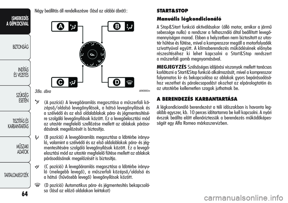 Alfa Romeo Giulietta 2012  Kezelési és karbantartási útmutató (in Hungarian) ISMERKEDÉS
A GÉPKOCSIVAL
BIZTONSÁG
INDÍTÁS 
ÉS VEZETÉS
SZÜKSÉG 
ESETÉN
TISZTÍTÁS ÉS 
KARBANTARTÁS
MÙSZAKI 
ADATOK
TARTALOMJEGYZÉK
64
START&STOP
Manuális légkondicionáló
A Stop&Star