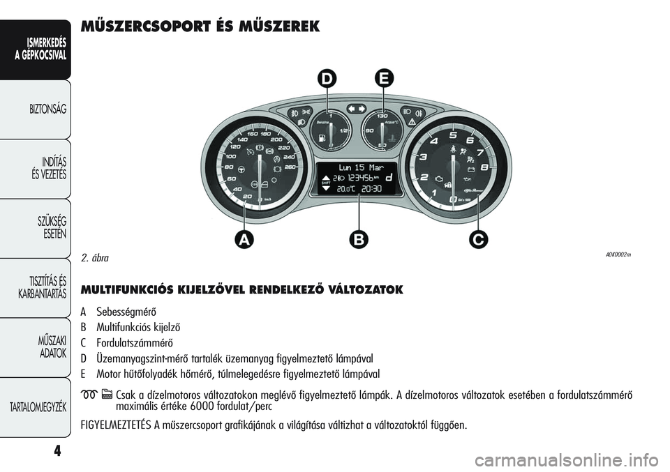Alfa Romeo Giulietta 2012 Kezelési és karbantartási útmutató (in Hungarian) ISMERKEDÉS
A GÉPKOCSIVAL
BIZTONSÁG
INDÍTÁS
ÉS VEZETÉS
SZÜKSÉG
ESETÉN
TISZTÍTÁS ÉS
KARBANTARTÁS
MÙSZAKI
ADATOK
TARTALOMJEGYZÉK
4
MÙSZERCSOPORT ÉS MÙSZEREK
MULTIFUNKCIÓS KIJELZÃ Alfa Romeo Giulietta 2012 Kezelési és karbantartási útmutató (in Hungarian) ISMERKEDÉS
A GÉPKOCSIVAL
BIZTONSÁG
INDÍTÁS
ÉS VEZETÉS
SZÜKSÉG
ESETÉN
TISZTÍTÁS ÉS
KARBANTARTÁS
MÙSZAKI
ADATOK
TARTALOMJEGYZÉK
4
MÙSZERCSOPORT ÉS MÙSZEREK
MULTIFUNKCIÓS KIJELZÃ
