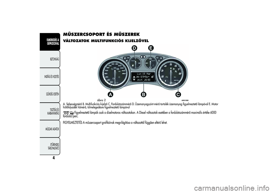 Alfa Romeo Giulietta 2013 Kezelési és karbantartási útmutató (in Hungarian) MŰSZERCSOPORT ÉS MŰSZEREKVÁLTOZATOK MULTIFUNKCIÓS KIJELZŐVELA. Sebességmérő B. Multifunkciós kijelző C. Fordulatszámmérő D. Üzemanyagszint-mérő tartalék üzemanyag figyelmeztető lá Alfa Romeo Giulietta 2013 Kezelési és karbantartási útmutató (in Hungarian) MŰSZERCSOPORT ÉS MŰSZEREKVÁLTOZATOK MULTIFUNKCIÓS KIJELZŐVELA. Sebességmérő B. Multifunkciós kijelző C. Fordulatszámmérő D. Üzemanyagszint-mérő tartalék üzemanyag figyelmeztető lá