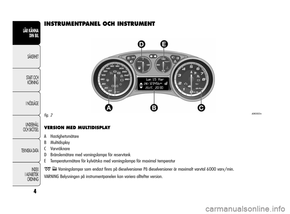 Alfa Romeo Giulietta 2011  Drift- och underhållshandbok (in Swedish) 4
LÄR KÄNNA 
DIN BIL
SÄKERHET
START OCH
KÖRNING
I NÖDLÄGE
UNDERHÅLL 
OCH SKÖTSEL
TEKNISKA DATA
INDEX
I ALFABETISK
ORDNING
INSTRUMENTPANEL OCH INSTRUMENT
VERSION MED MULTIDISPLAY
A Hastighetsm�