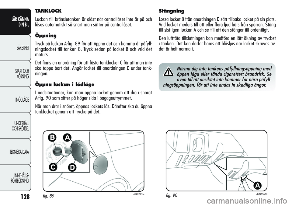 Alfa Romeo Giulietta 2012 Drift- och underhållshandbok (in Swedish) 128
LÄR KÄNNA
DIN BIL
SÄKERHET
START OCH
KÖRNING
I NÖDLÄGE
UNDERHÅLL
OCH SKÖTSEL
TEKNISKA DATA
INNEHÅLLS-
FÖRTECKNING
fig. 89A0K0115mfig. 90A0K0222m
TANKLOCK
Luckan till bränsletanken är Alfa Romeo Giulietta 2012 Drift- och underhållshandbok (in Swedish) 128
LÄR KÄNNA
DIN BIL
SÄKERHET
START OCH
KÖRNING
I NÖDLÄGE
UNDERHÅLL
OCH SKÖTSEL
TEKNISKA DATA
INNEHÅLLS-
FÖRTECKNING
fig. 89A0K0115mfig. 90A0K0222m
TANKLOCK
Luckan till bränsletanken är