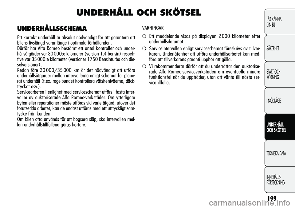 Alfa Romeo Giulietta 2012 Drift- och underhållshandbok (in Swedish) 199
LÄR KÄNNA
DIN BIL
SÄKERHET
START OCH
KÖRNING
I NÖDLÄGE
UNDERHÅLL
OCH SKÖTSEL
TEKNISKA DATA
INNEHÅLLS-
FÖRTECKNING
UNDERHÅLL OCH SKÖTSEL
VARNINGAR
❍Ett meddelande visas på display Alfa Romeo Giulietta 2012 Drift- och underhållshandbok (in Swedish) 199
LÄR KÄNNA
DIN BIL
SÄKERHET
START OCH
KÖRNING
I NÖDLÄGE
UNDERHÅLL
OCH SKÖTSEL
TEKNISKA DATA
INNEHÅLLS-
FÖRTECKNING
UNDERHÅLL OCH SKÖTSEL
VARNINGAR
❍Ett meddelande visas på display