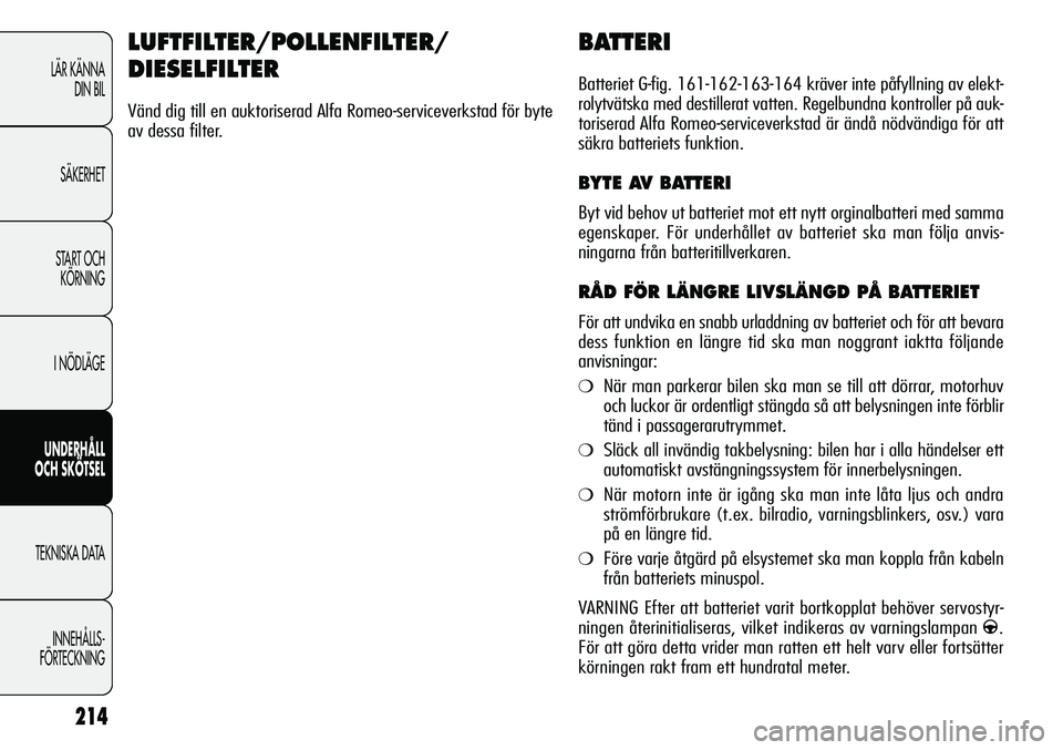 Alfa Romeo Giulietta 2012 Drift- och underhållshandbok (in Swedish) 214
LÄR KÄNNA
DIN BIL
SÄKERHET
START OCH
KÖRNING
I NÖDLÄGE
UNDERHÅLL
OCH SKÖTSEL
TEKNISKA DATA
INNEHÅLLS-
FÖRTECKNING
BATTERI
Batteriet G-fig. 161-162-163-164 kräver inte påfyllning av e Alfa Romeo Giulietta 2012 Drift- och underhållshandbok (in Swedish) 214
LÄR KÄNNA
DIN BIL
SÄKERHET
START OCH
KÖRNING
I NÖDLÄGE
UNDERHÅLL
OCH SKÖTSEL
TEKNISKA DATA
INNEHÅLLS-
FÖRTECKNING
BATTERI
Batteriet G-fig. 161-162-163-164 kräver inte påfyllning av e