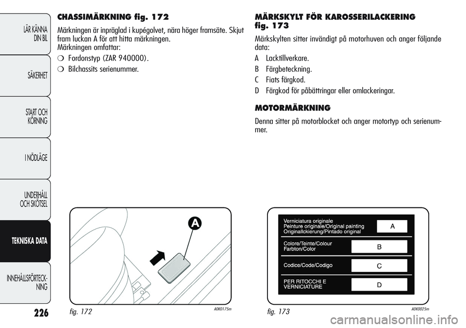 Alfa Romeo Giulietta 2012 Drift- och underhållshandbok (in Swedish) 226
LÄR KÄNNA
DIN BIL
SÄKERHET
START OCH
KÖRNING
I NÖDLÄGE
UNDERHÅLL
OCH SKÖTSEL
TEKNISKADATA
INNEHÅLLSFÖRTECK-
NING
CHASSIMÄRKNING fig. 172
Märkningen är inpräglad i kupégolvet, nära Alfa Romeo Giulietta 2012 Drift- och underhållshandbok (in Swedish) 226
LÄR KÄNNA
DIN BIL
SÄKERHET
START OCH
KÖRNING
I NÖDLÄGE
UNDERHÅLL
OCH SKÖTSEL
TEKNISKADATA
INNEHÅLLSFÖRTECK-
NING
CHASSIMÄRKNING fig. 172
Märkningen är inpräglad i kupégolvet, nära