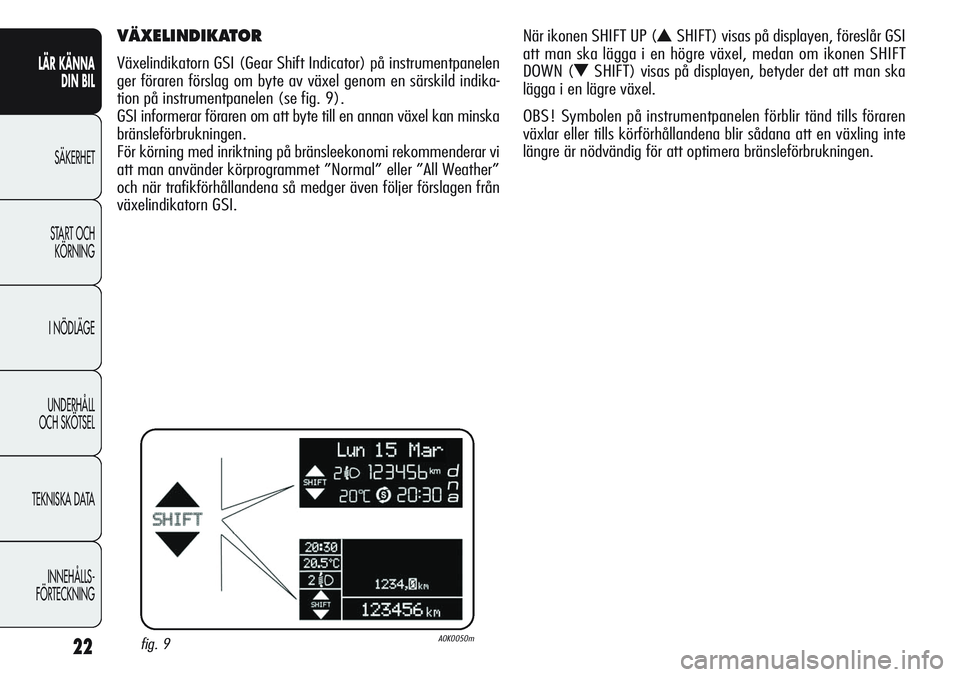 Alfa Romeo Giulietta 2012  Drift- och underhållshandbok (in Swedish) 22
LÄR KÄNNA 
DIN BIL
SÄKERHET
START OCH 
KÖRNING
I NÖDLÄGE
UNDERHÅLL
OCH SKÖTSEL
TEKNISKA DATA
INNEHÅLLS-
FÖRTECKNING
VÄXELINDIKATOR 
Växelindikatorn GSI (Gear Shift Indicator) på instru
